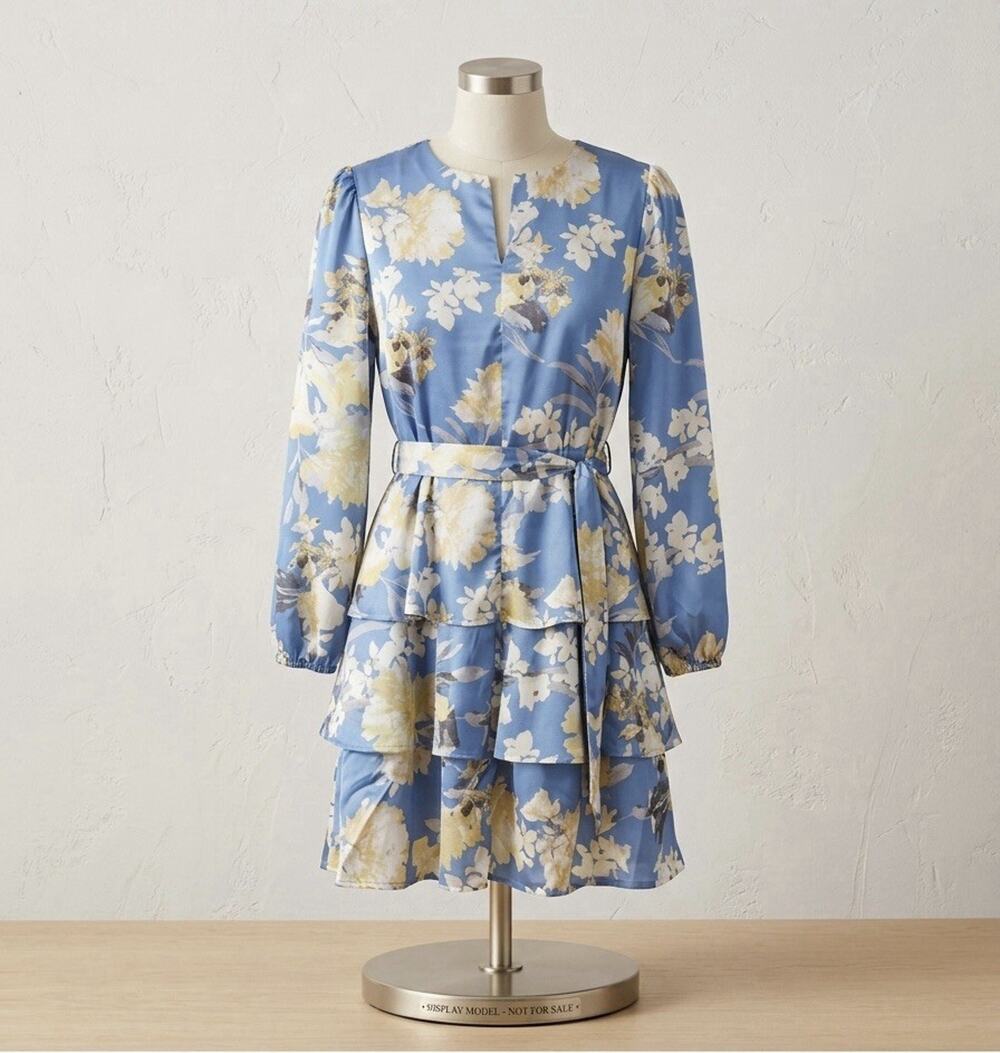 Nicole Miller New York Blue Floral Chiffon Wrap Dress V-Neck Long Sleeve S